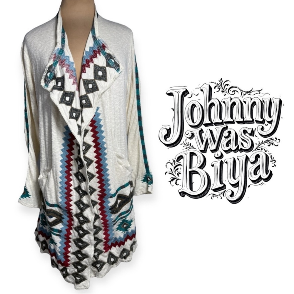 Johnny Was Biya Lela Embroidered Wrap Cardigan Coat Medium Boho Southwestern - Picture 2 of 10